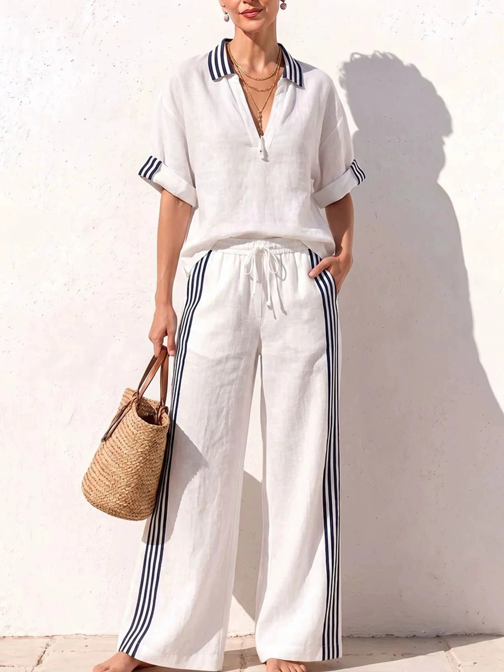 ZARA Womens Cotton Linen Relaxed Crew Neck Tee and High Waist Wide Leg Pants Set